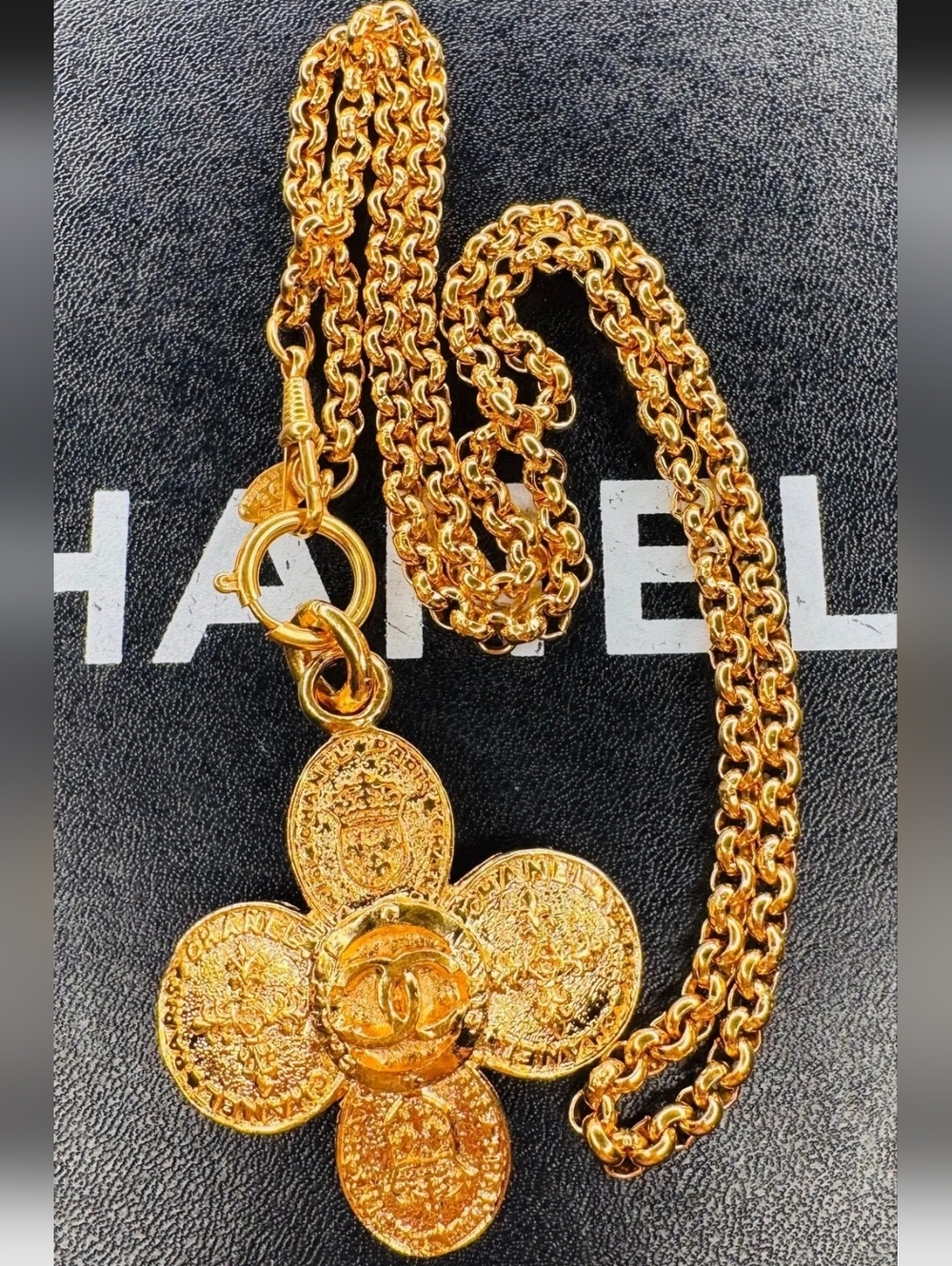 CHANEL CC Logo Cross Vintage Necklace 29" Gold Tone 28